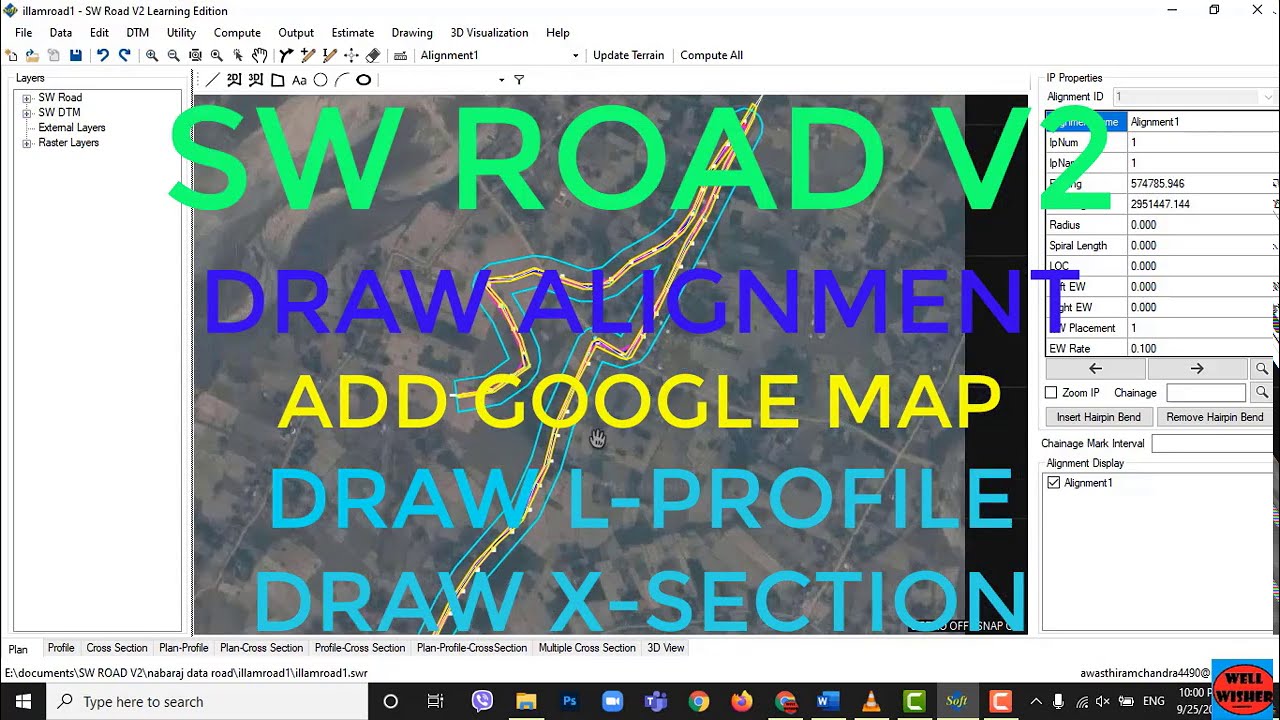 SW ROAD V2 - 3 Draw alignment,overlapping google satellite map,draw l-profile and x-sections of road