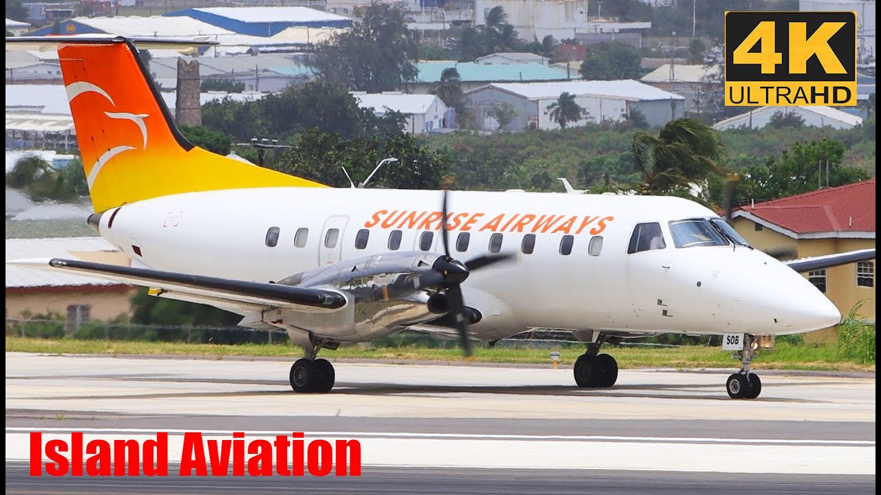 (4K) Sunrise Airways Embraer EMB 120 Brasilia Taxi and Departure from St. Kitts/Eastern Caribbean