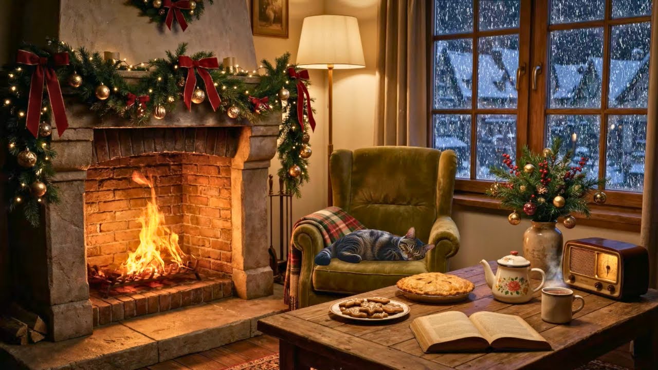 A Cozy 1950s Snowy Winter Night | Oldies Playing in Another Room | Vintage Fireplace