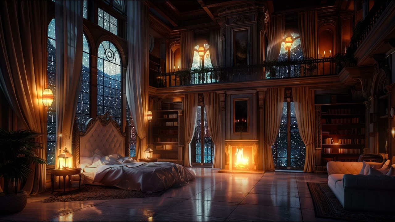 Stormy Night in this Cozy Castle Room with Thunder, Rain and Fireplace Sounds Therapy | 12 Hours