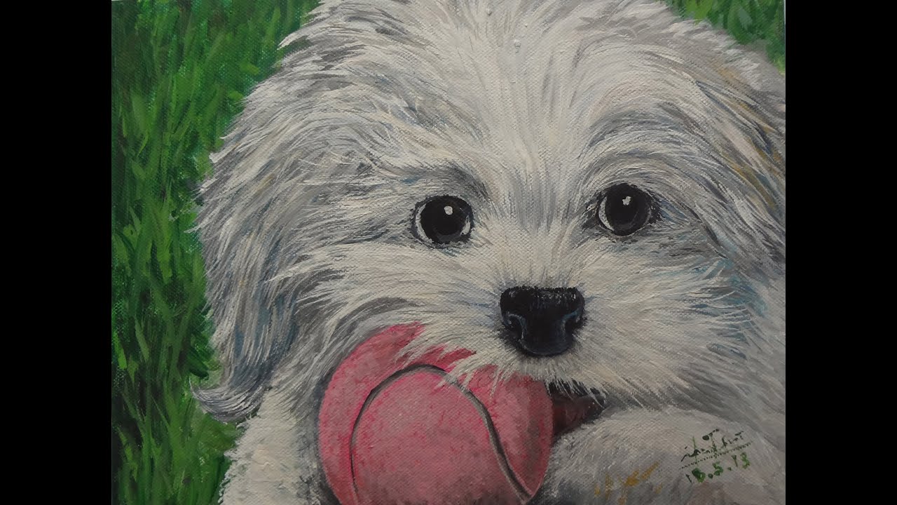 How to Draw Pet Dog Realism with Acrylic 葉浪點畫