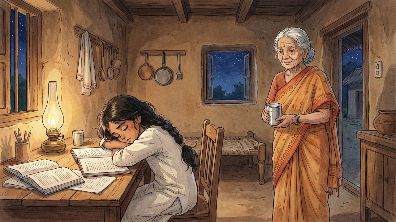 Midnight studies by the glow of the oil lamp — Grandma brought warm milk for Riya 🕯