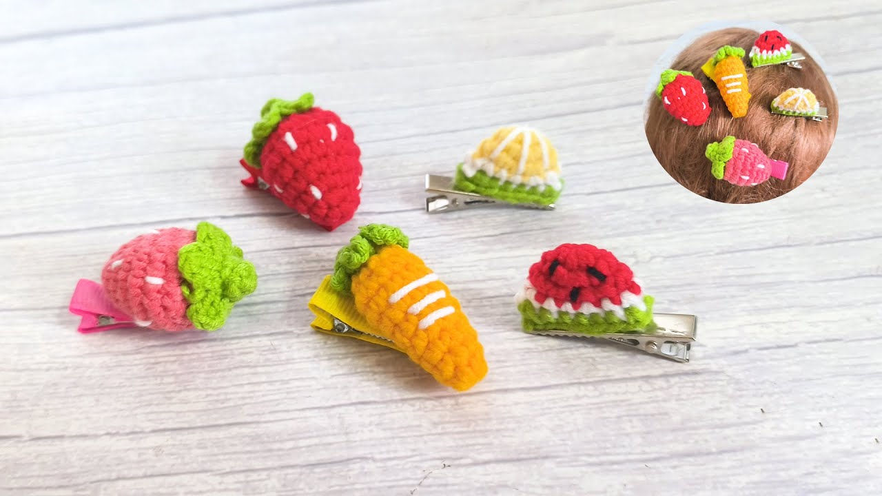 handmade cute little hair clips crochet tutorial, fruit hair accessoris
