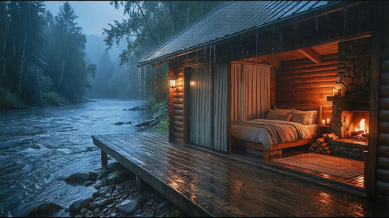 12 HOURS ☔ Deep Sleep ASMR: 8K Cinematic Cabin Fireplace & Heavy Rain Sounds for Relaxation