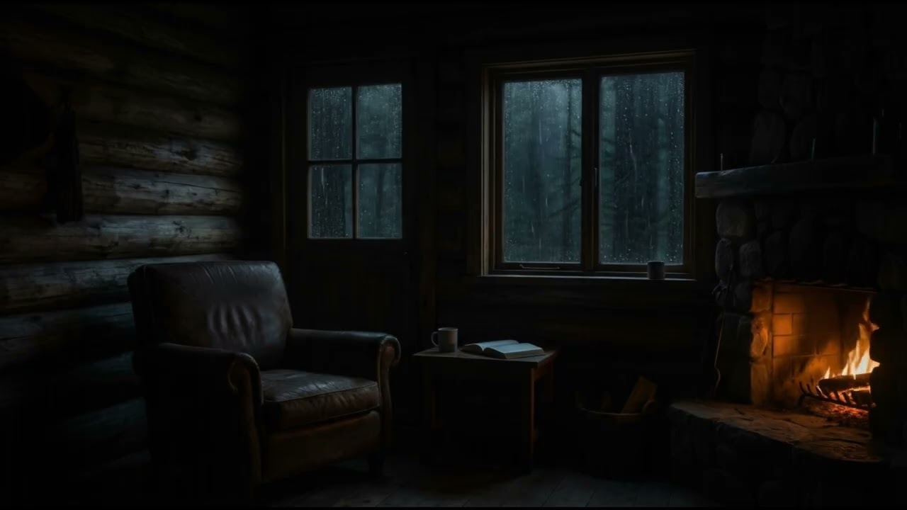 Heavy Rain & Cozy Fireplace – Sleep Atmosphere