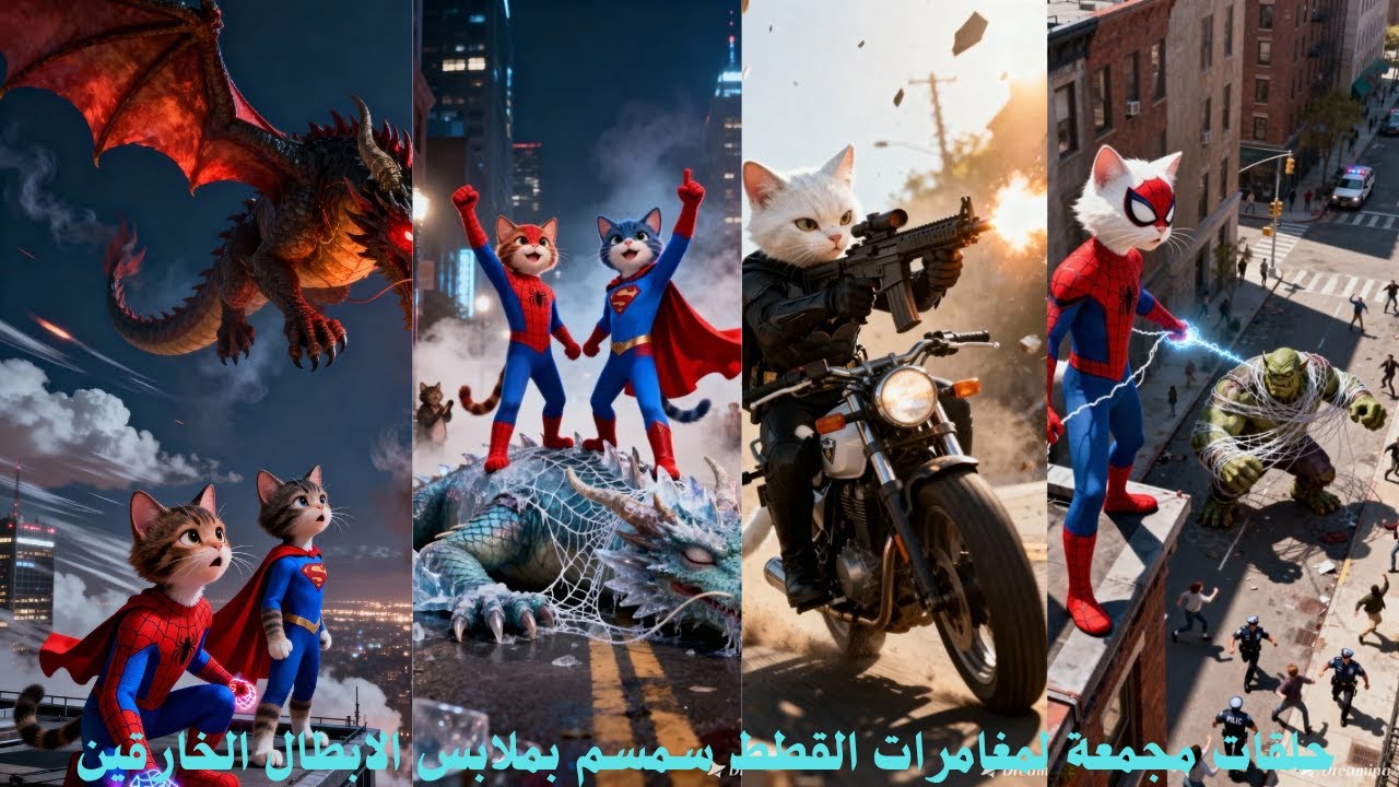 حلقات الابطال الخارقين مجمعة | مغامرات القط سمسم بملابس سبايدرمان سوبرمان وباتمان