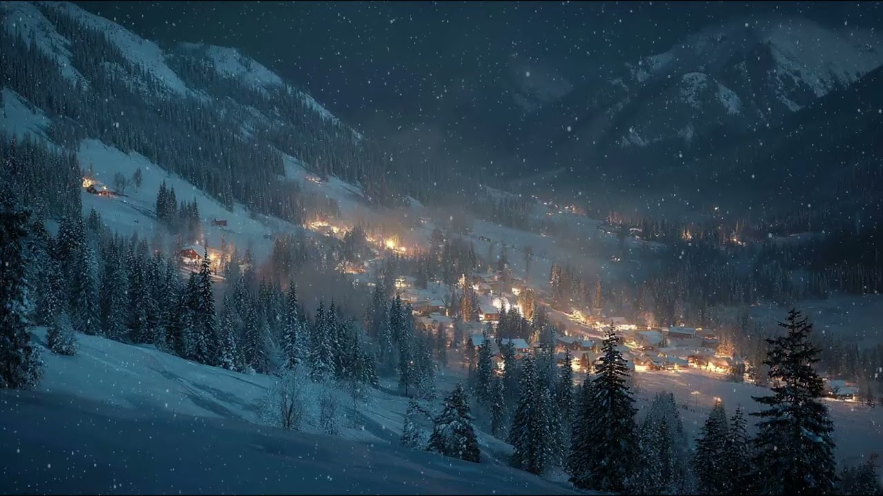Peaceful Winter Village at Night ❄️ Snowfall Ambience for Sleep, Relaxation & Focus