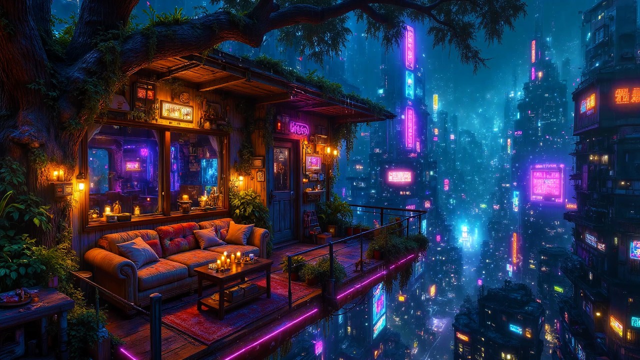 Lofi Ambient – Cozy Treehouse Rain Overlooking a Neon Cyberpunk City | Night Study & Sleep | 4K
