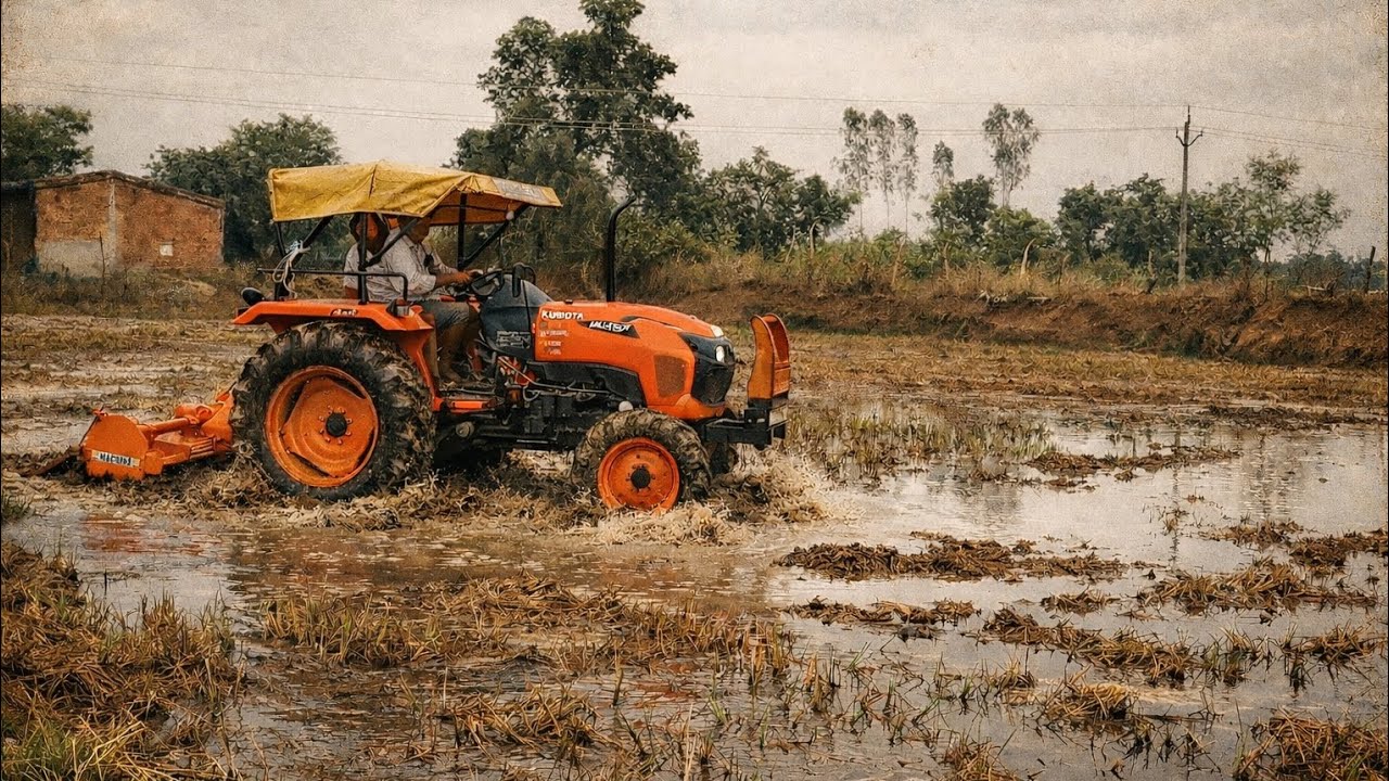 Kubota mu4501 4wd working rotavator on mud