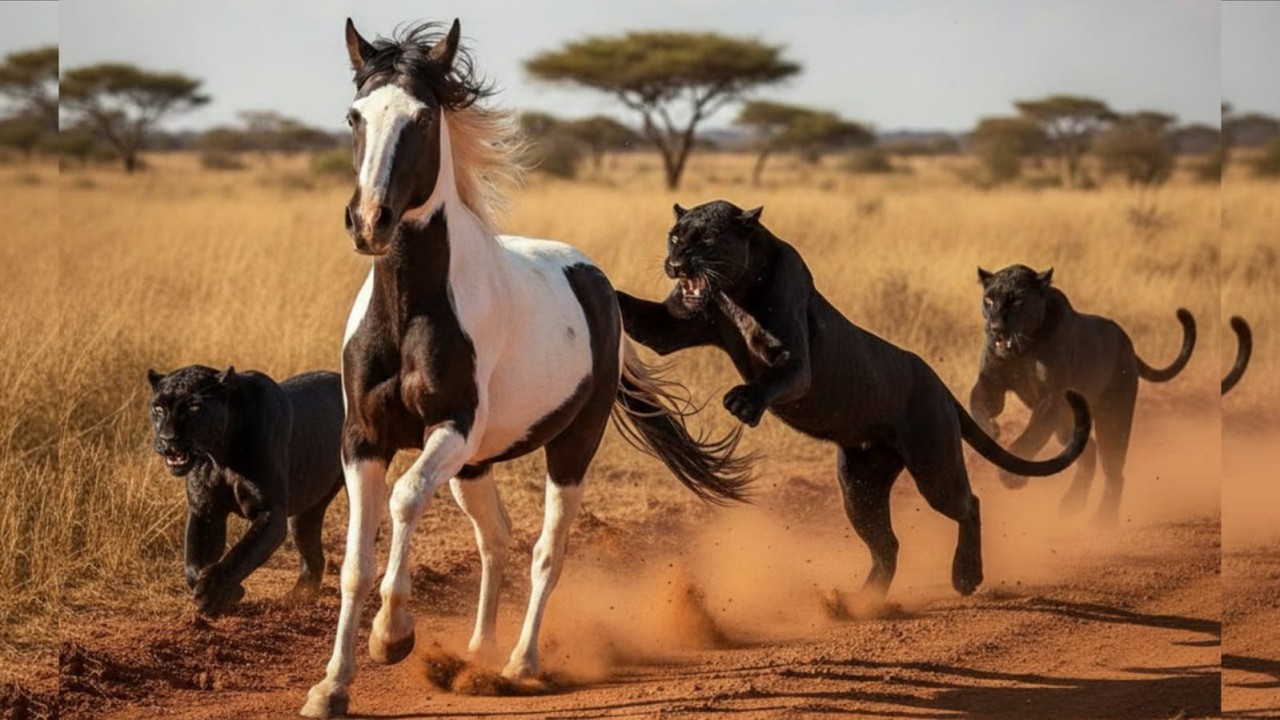 white black Horse Chased by panthetr the Snowy Grasslands – Intense Wild Chase