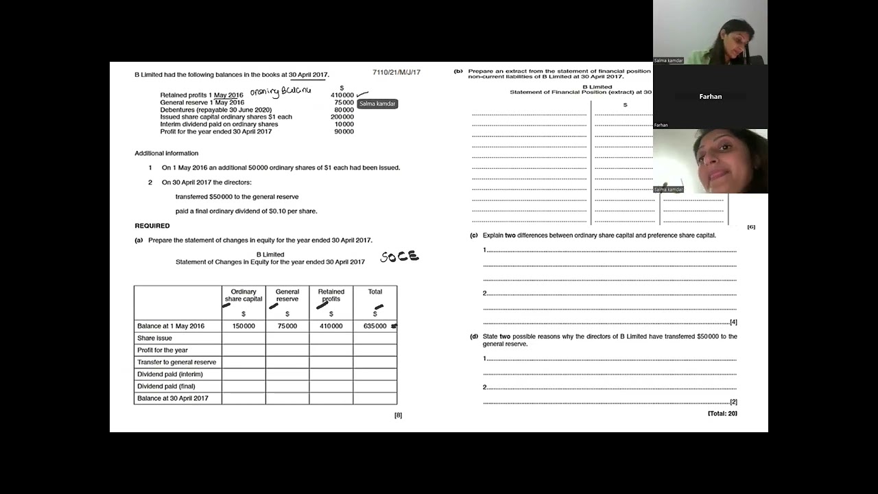 Detailed exlanation of Statement of changes of Equity and a past paper Question