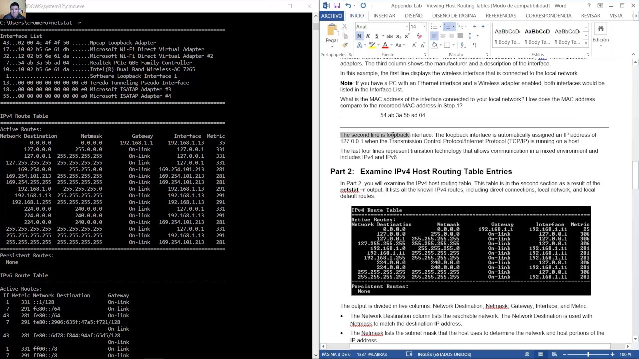 Appendix Lab - Viewing Host Routing Tables