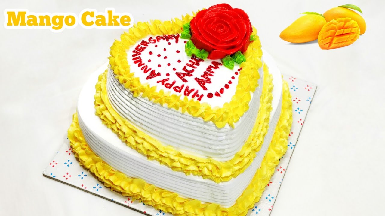 1 1/2 kg Mango cake recipe || Two tire heart shape mango cake||Wedding anniversary cake decoration||