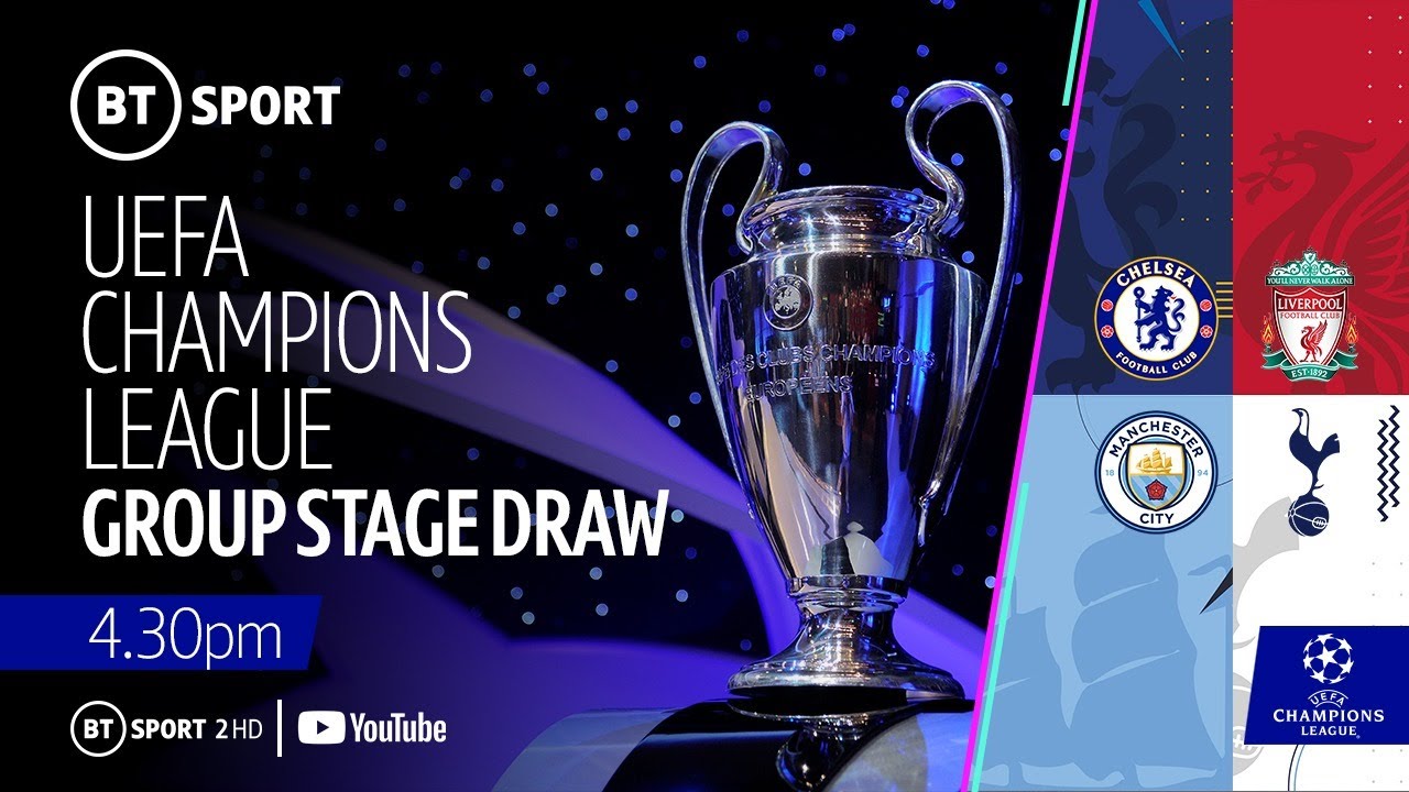 UEFA Champions League 2019/20 group stage draw featuring Liverpool, Spurs, Man City, and Chelsea