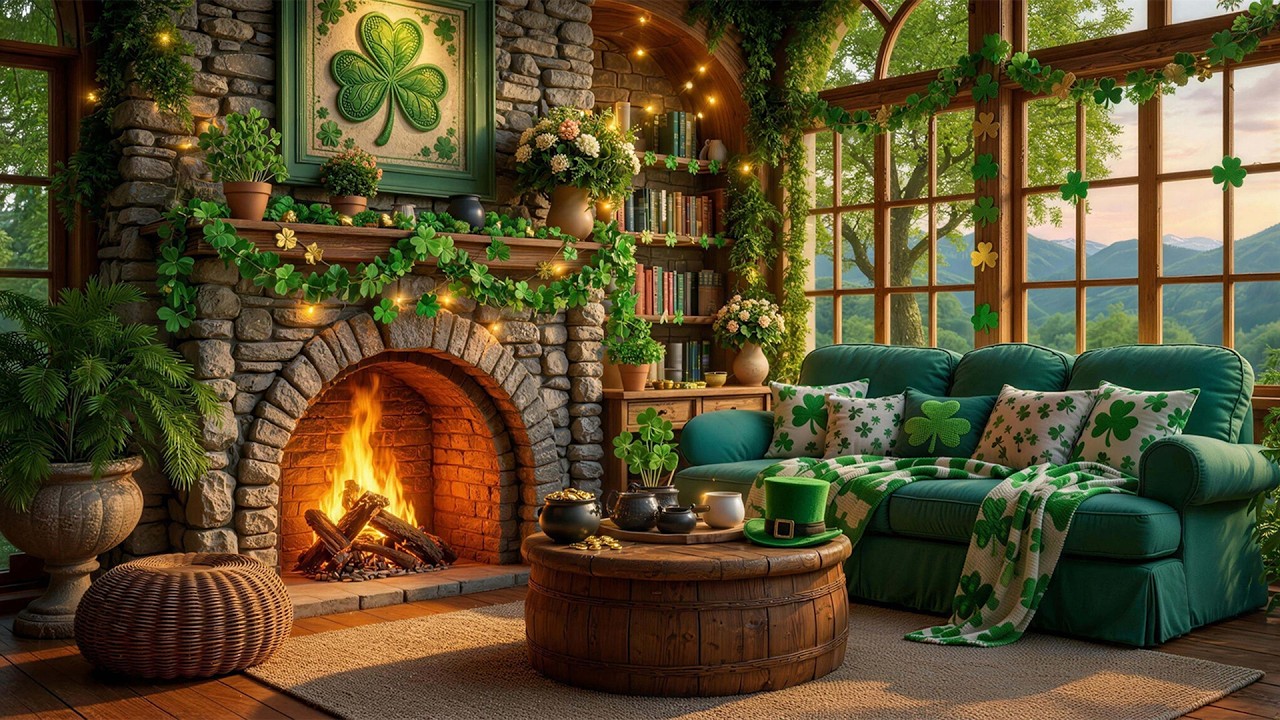 St Patrick’s Day Fireplace Ambience 🍀 Relaxing Music & Crackling Fireplace🌿 Happy St Patrick’s Day