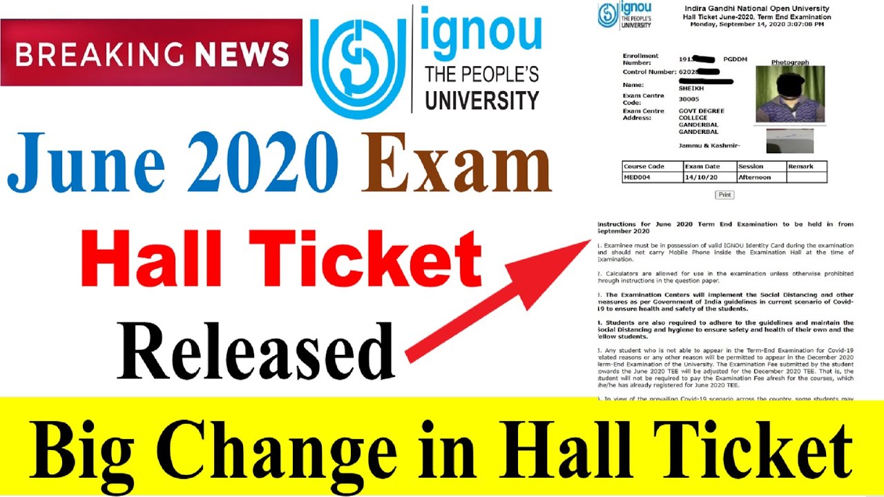 [Breaking News] IGNOU Released Hall Ticket For June 2020 Term End Exam For All Course & Programme |