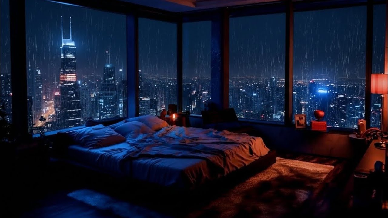 Nachtregen in der Stadt – Gemütliches Bett & Skyline Blick | Regen ASMR zum Einschlafen & Entspannen