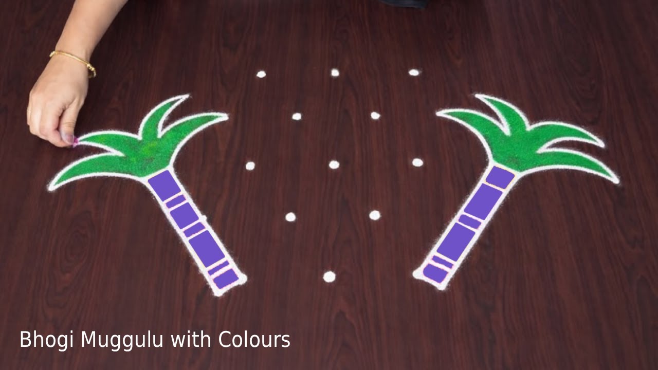 Simple Bhogi Muggulu Designs Rangoli 5x3 Dots and New Easy Sankranthi Kolam with Colours