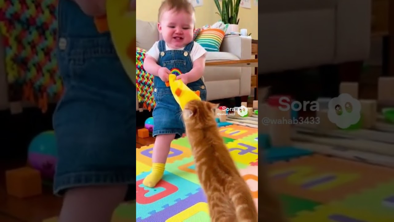 Cat plays tug war with baby 🤣🤣 
