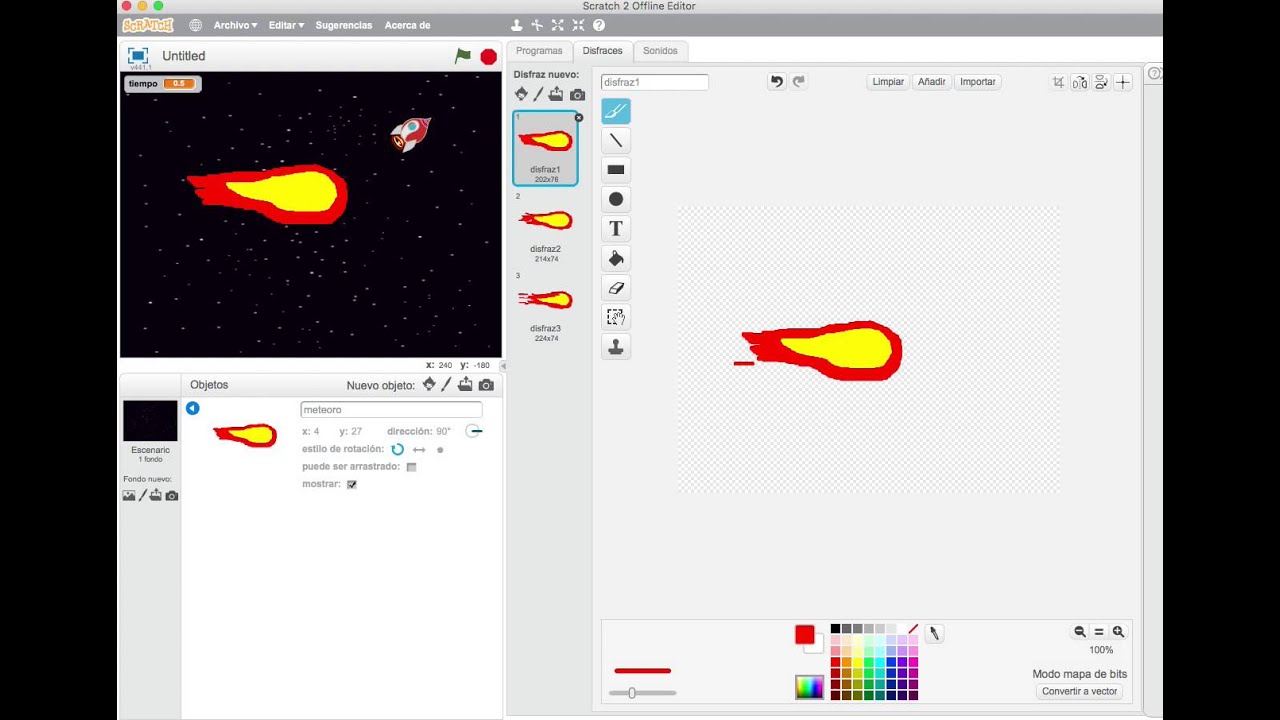 3-Juego de esquivar meteoros con scratch 2