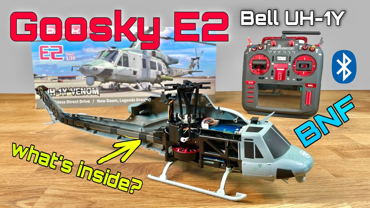 Blick ins Innere | Goosky E2 Bell UH-1Y Venom BNF | Radiomaster TX16S Max | Bluetooth-App | deutsch