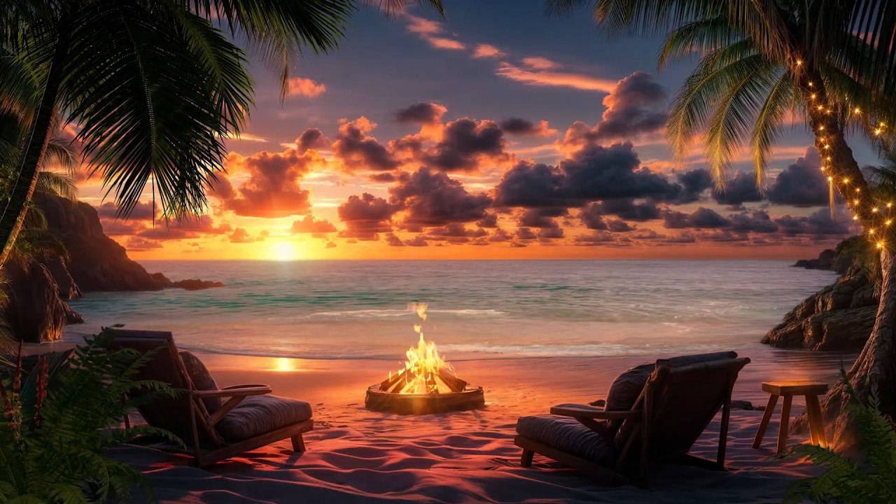 😴🌊 Sunset Beach Fire Pit | Deep Sleep with Gentle Waves & Cozy Tropical Ambience (No Ads)