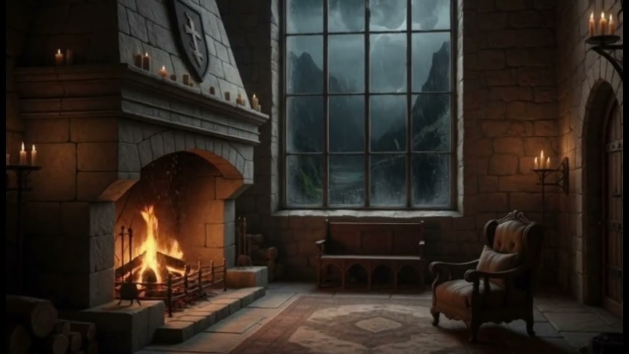 Rainy Night 🌧 in a Medieval Castle 🏰 Heavy Rain on Window & Crackling Fireplace [3 Hours]