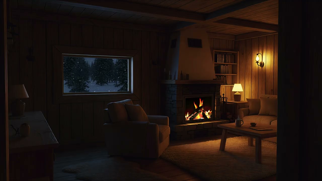 Gentle Snowfall Around a Rustic Cabin – Peaceful Winter Evening Ambience