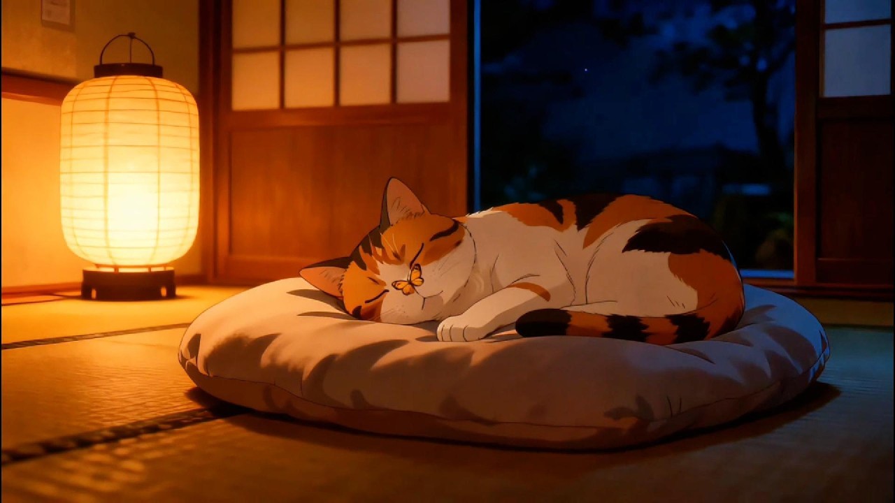 Lantern Light & Sleeping Cat – Soft Night Piano for Relaxing