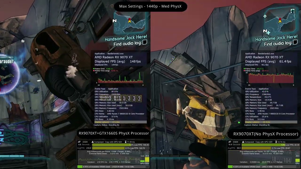 Borderlands 2 - PhysX Test - RX9070XT with and without dedicated PhysX gpu