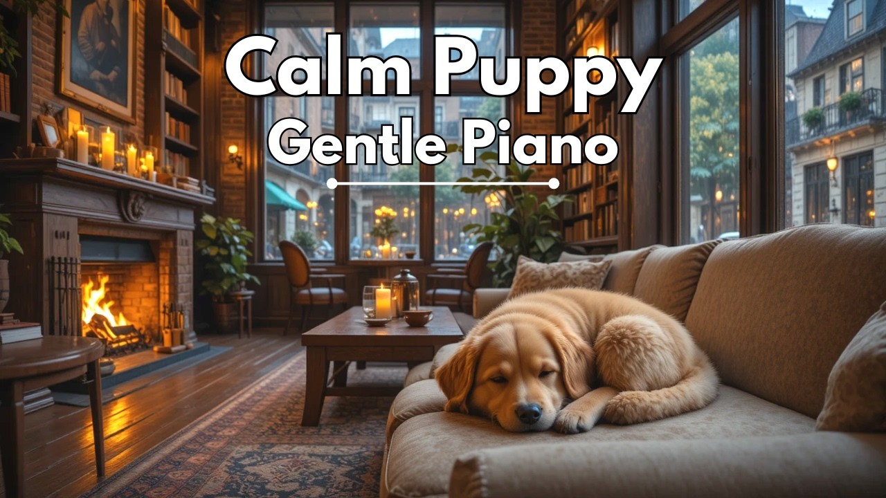 Cozy Fireplace with Sleeping Puppy 🐶 Soft Piano for Stress Relief
