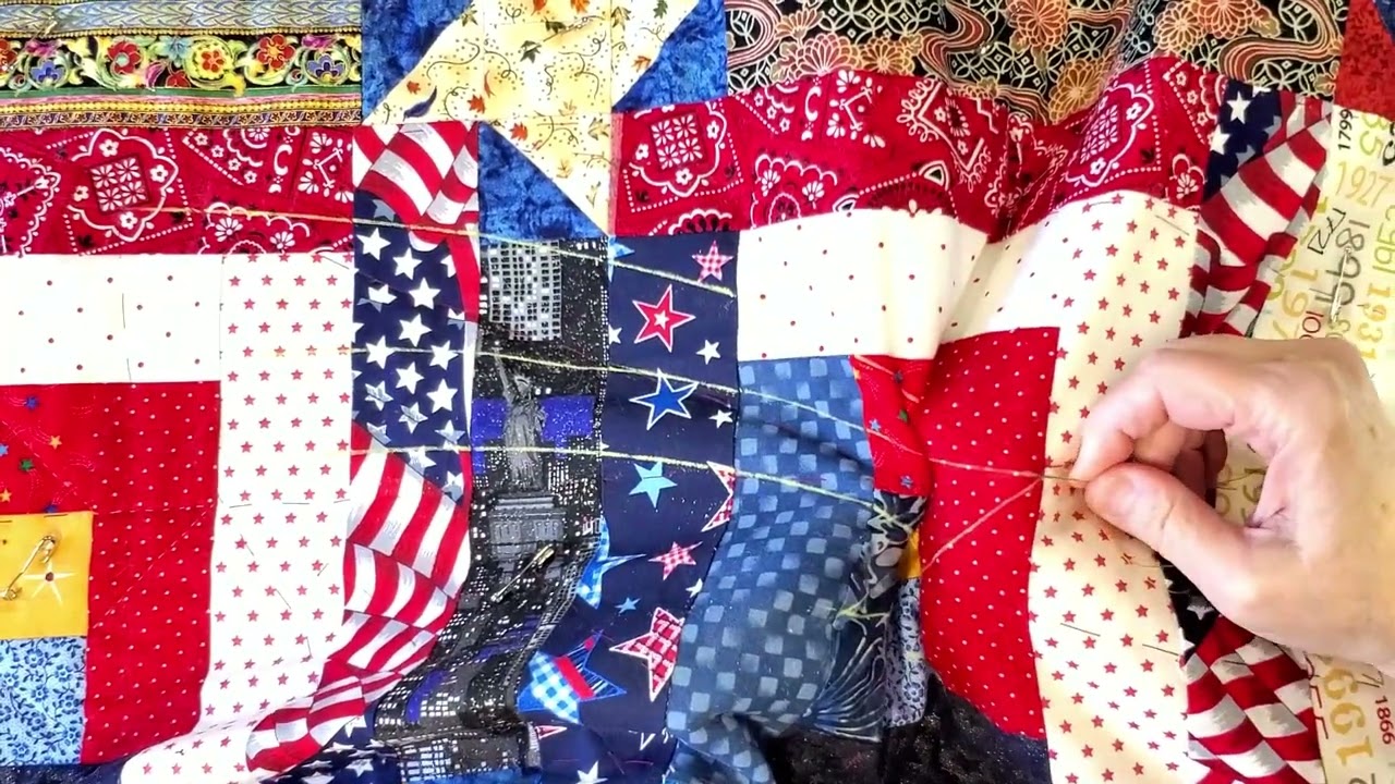 Hand Quilting Our America Quilt #fiberart #quilted  #slowstitching #sewing