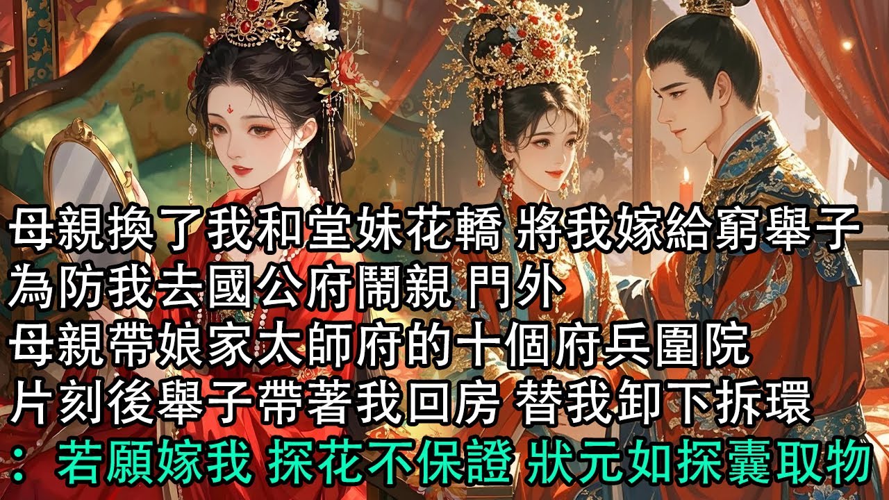 【一口氣看完】母親換了我和堂妹花轎 將我嫁給窮舉子，為防我去國公府鬧親 門外，母親帶娘家太師府的十個府兵圍院，片刻後舉子帶著我回房 替我卸下拆環：若願嫁我 探花不保證 狀元如探囊取物