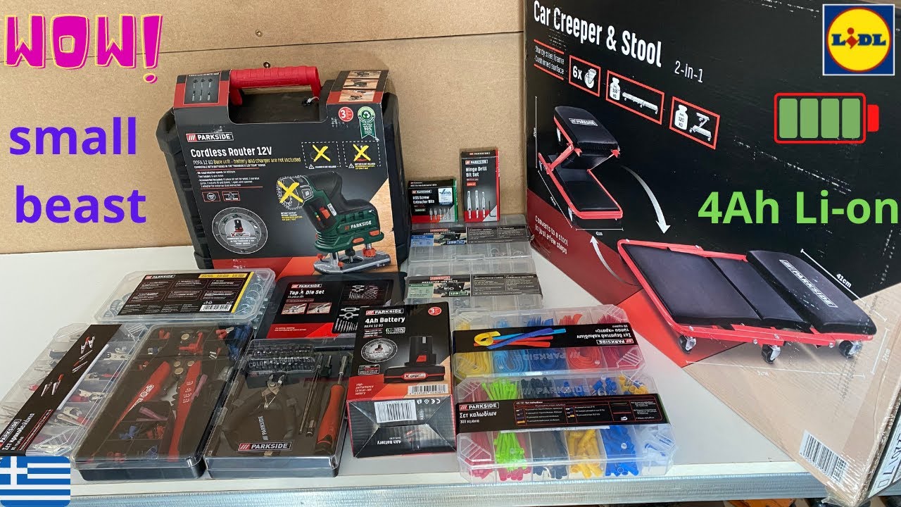 Router 12v 4ah battery Lidl Parkside μικρο διαβολακι & BIG Unboxing εργαλεια/εξαρτηματα εργαστηριου.