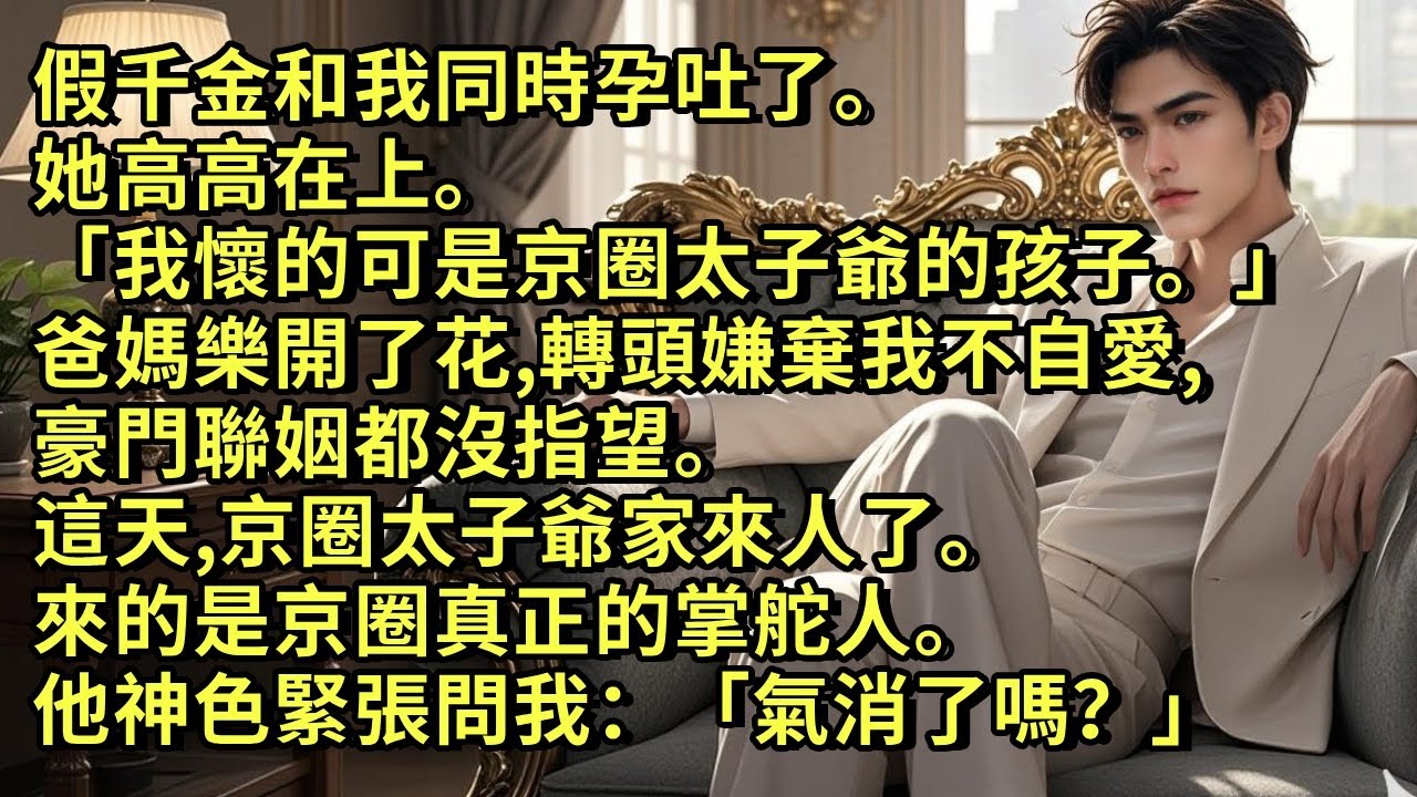 假千金和我同時孕吐了。她高高在上。「我懷的可是京圈太子爺的孩子。」爸媽樂開了花，轉頭嫌棄我不自愛，豪門聯姻都沒指望。這天，京圈太子爺家來人了。來的卻是京圈真正的掌舵人。他神色緊張問我：「氣消了嗎？」