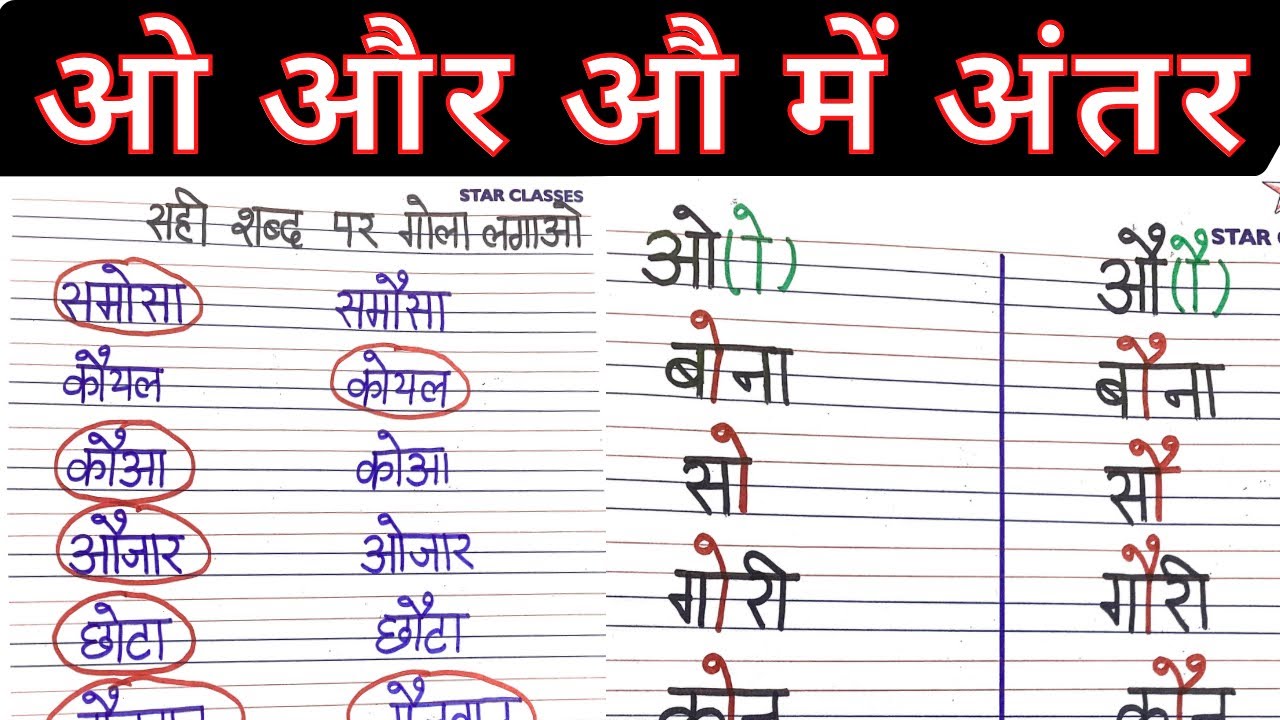 ओ और औ के बीच के अंतर को समझें। मात्रा में क्या अंतर होता है ओ और औ की। शब्दों की मदद से सीखें