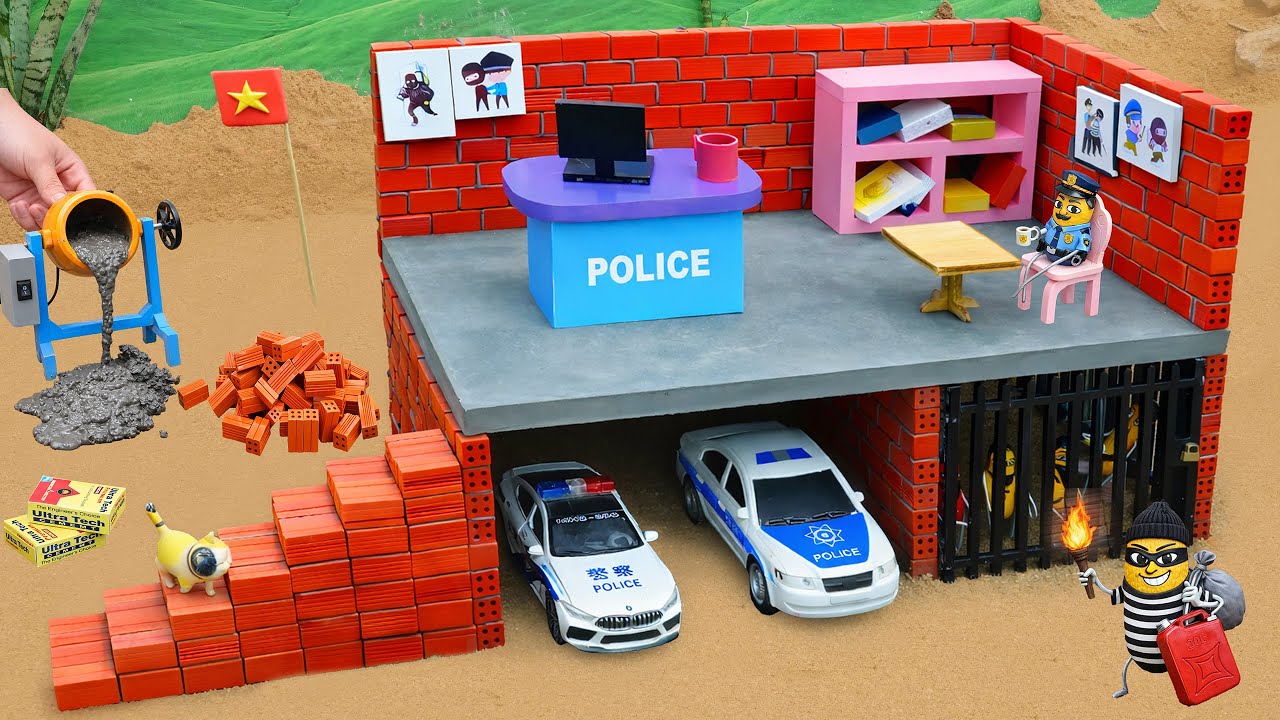 DIY mini tractor science project: Building a fireproof police station and prison out of brick