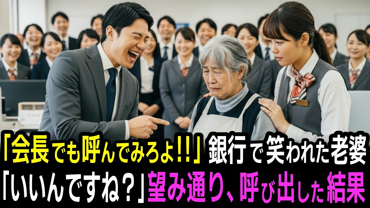 「俺の親父は頭取だぞ？そんなに言うなら会長でも呼んでみろ！」と銀行員に見下された汚いエプロンを着たおばあさん。すると「確認ですが、本当に呼んでいいんですね？」と即電話をかけた結果…