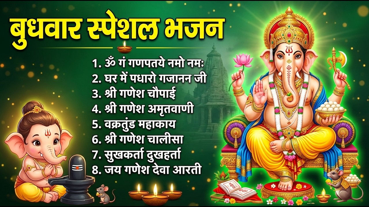 बुधवार भक्ति भजन : ॐ गं गणपतये नमो नमः, सुखकर्ता दुखहर्ता, गणेश अमृतवाणी, श्री गणेश चालीसा व आरती