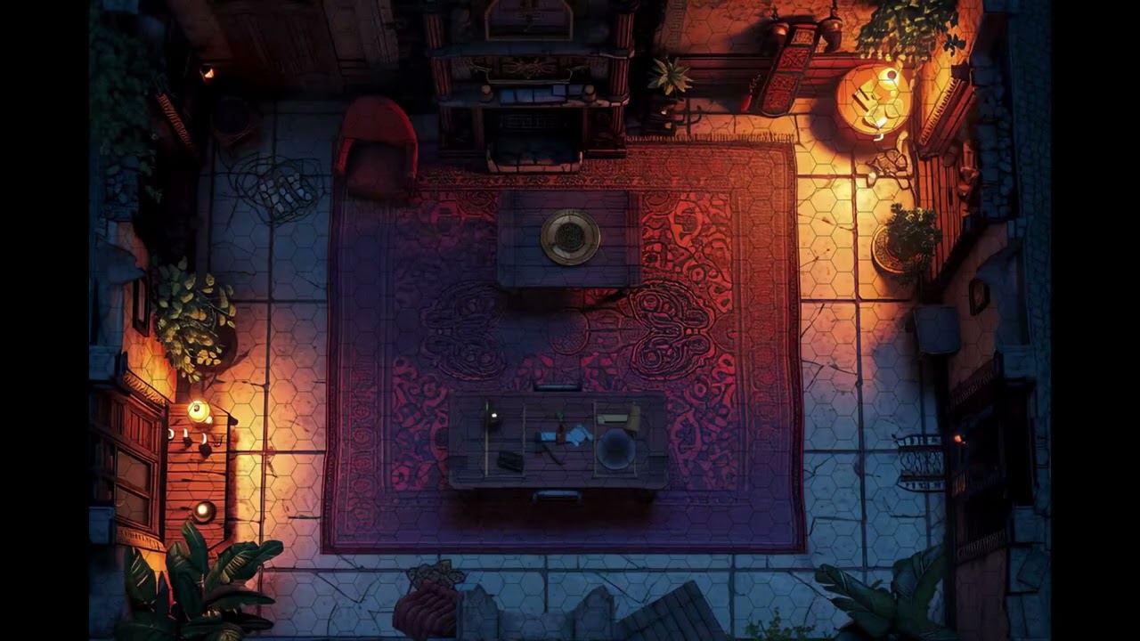 DnD compatible animated map _ Cozy room with oriental rug _ Hex grid ambience for VTT