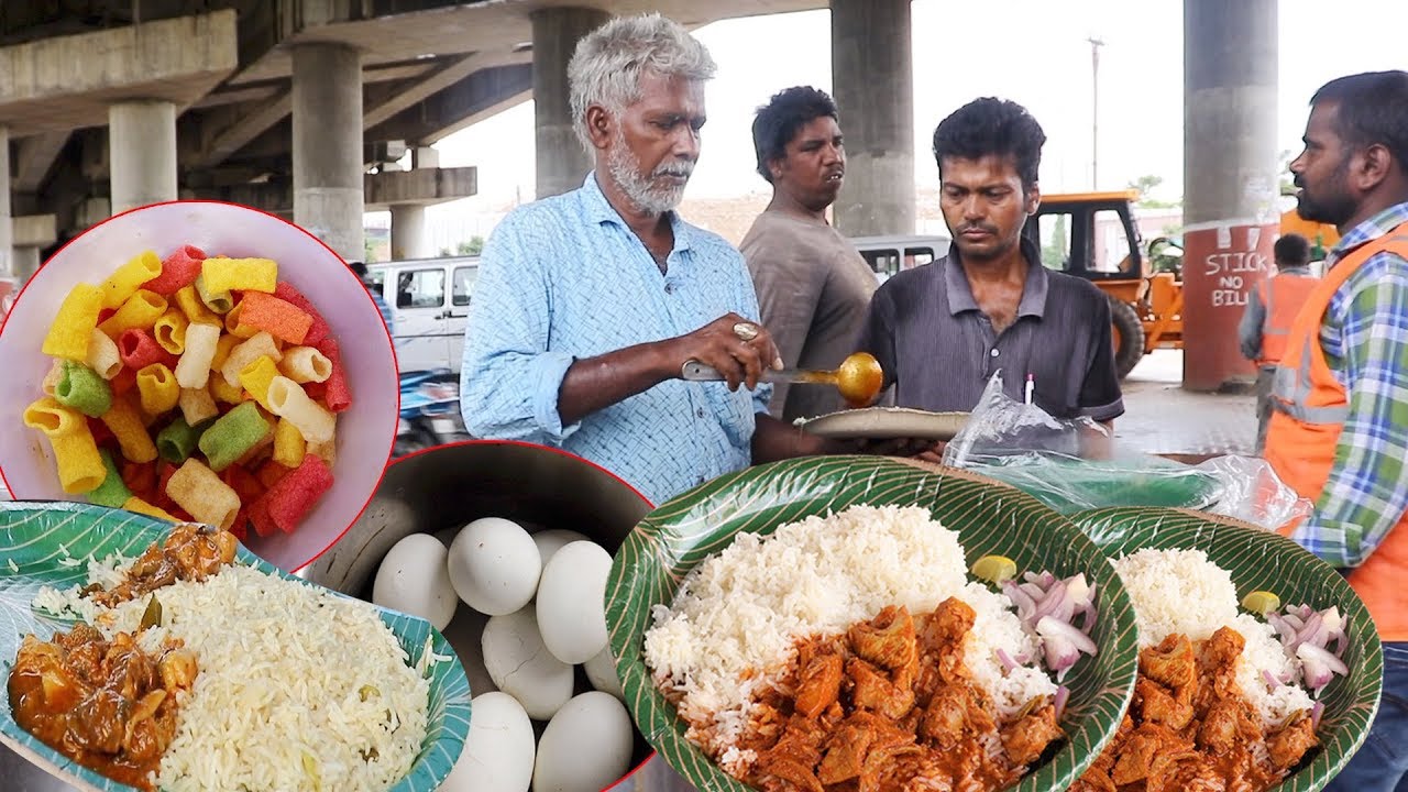 Old Man Selling Roadside Meals | Unlimited Roadside Non Veg Meals | Indian Food Items | Telugu Adda