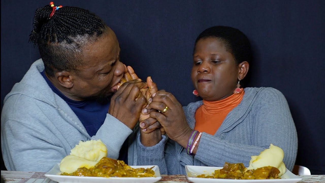 DUMB EATING CHALLENGE FUFU AND OGBONO SOUP MIXED WITH OKRA AND ASSORTED MEAT AFRICAN FOOD MUKBANG