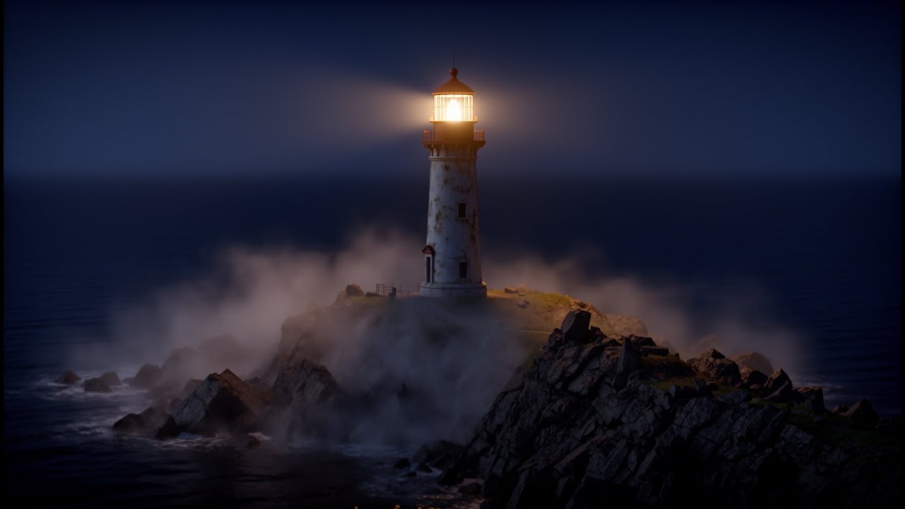Lonely Lighthouse at Night 🌊 Deep Sleep Ambient | Calm Ocean & Fog (1 Hour)