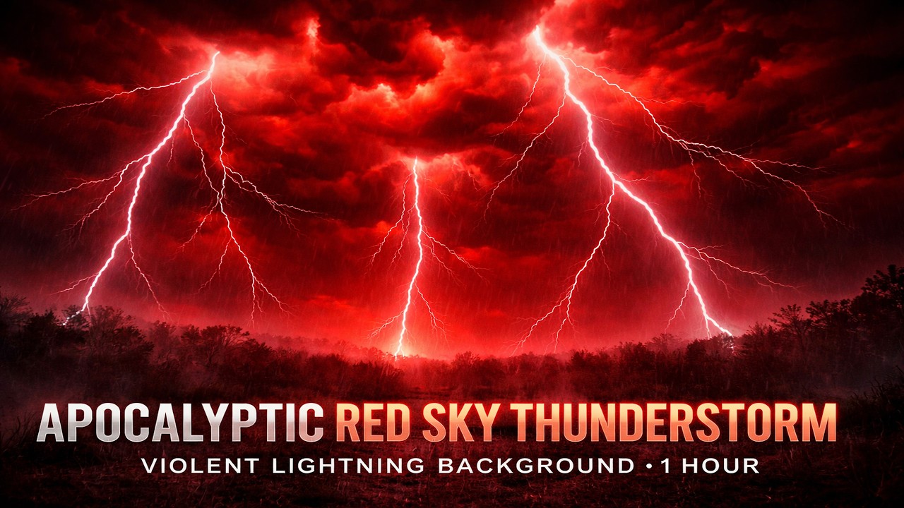 Apocalyptic Red Sky Thunderstorm - Violent Lightning Background (1 Hour)