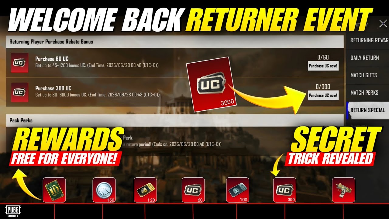 PUBG Welcome Back Returner Event Guide | Get Up to 3000 UC FREE, Rename Card, Skins & More!