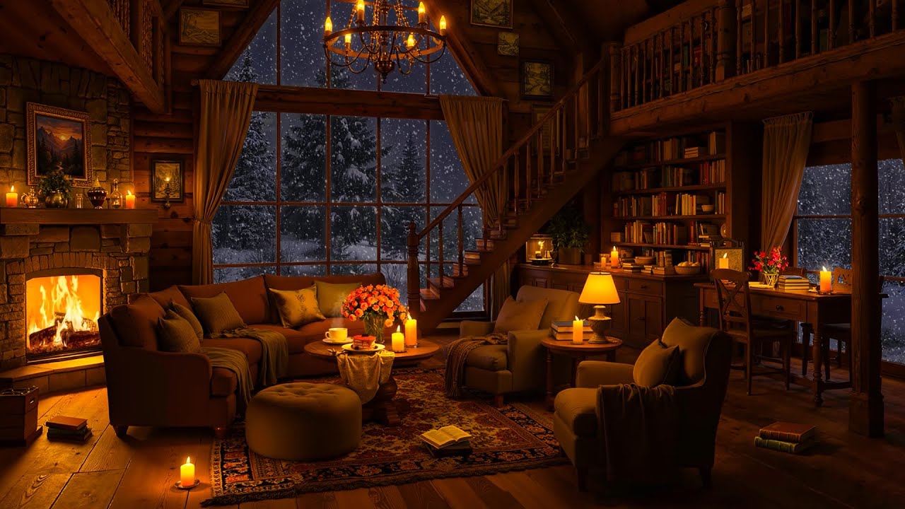 Cozy Winter Cottage Ambience ❄️ Relaxing Jazz with White Noise & Fireplace Sounds for Deep Sleep