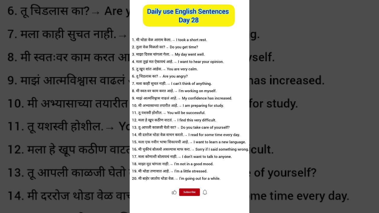 Day 28 &ndash; Speak English Fluently | 20 Daily Use Sentences with Marathi Meaning #easyenglisheveryday