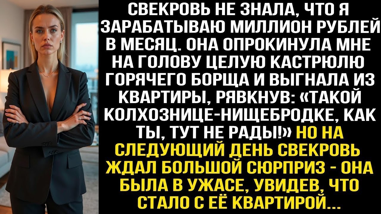 Свекровь не знала что я зарабатываю миллион рублей в месяц. Она облила меня горячим борщом и выгнала
