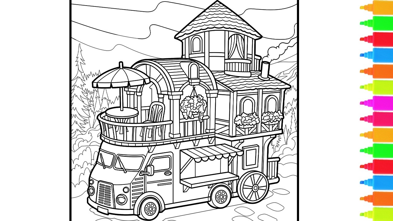 Coloring Caravan that thinks it's a House | Campervan Coloring Book Pages