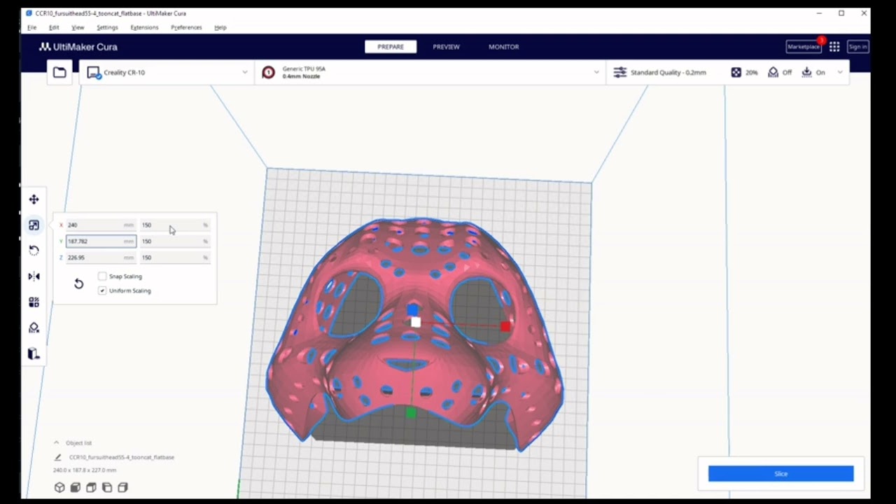 How to print a fursuit or puppet head base with Cura